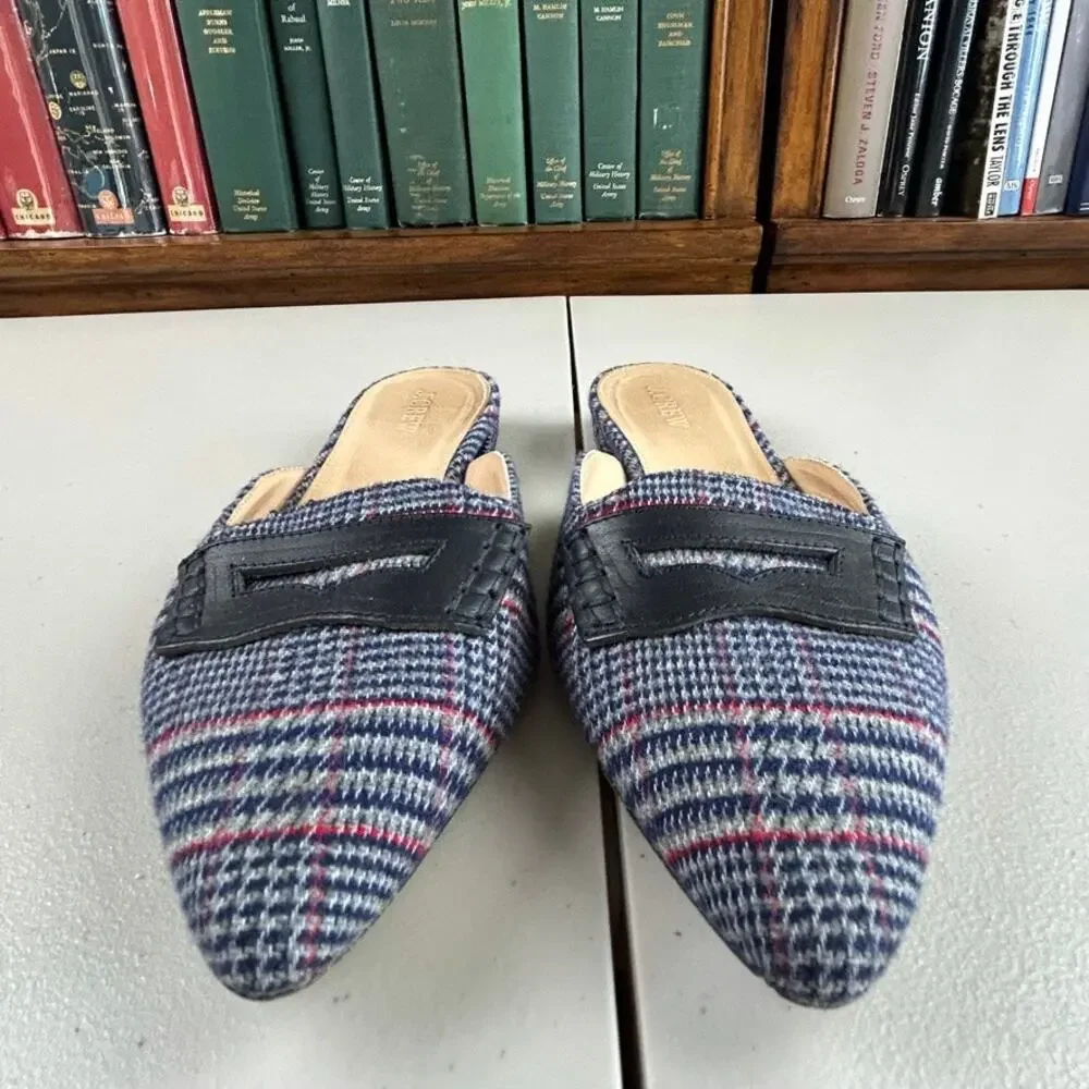J. Crew Plaid Tweed Slip On Pointed Toe Cloth and Leather Flats Sz 6.5 MSRP $198